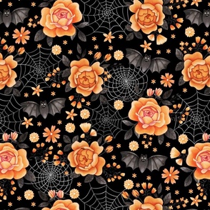 Bats, Spiderwebs and Orange Peony Roses on Black - Pastel Halloween