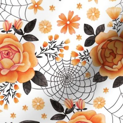 Bats, Spiderwebs and Orange Peony Roses on White - Pastel Halloween