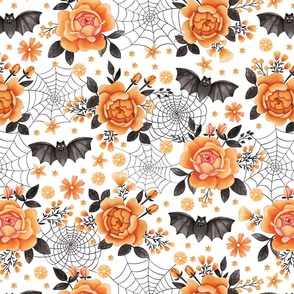 Bats, Spiderwebs and Orange Peony Roses on White - Pastel Halloween