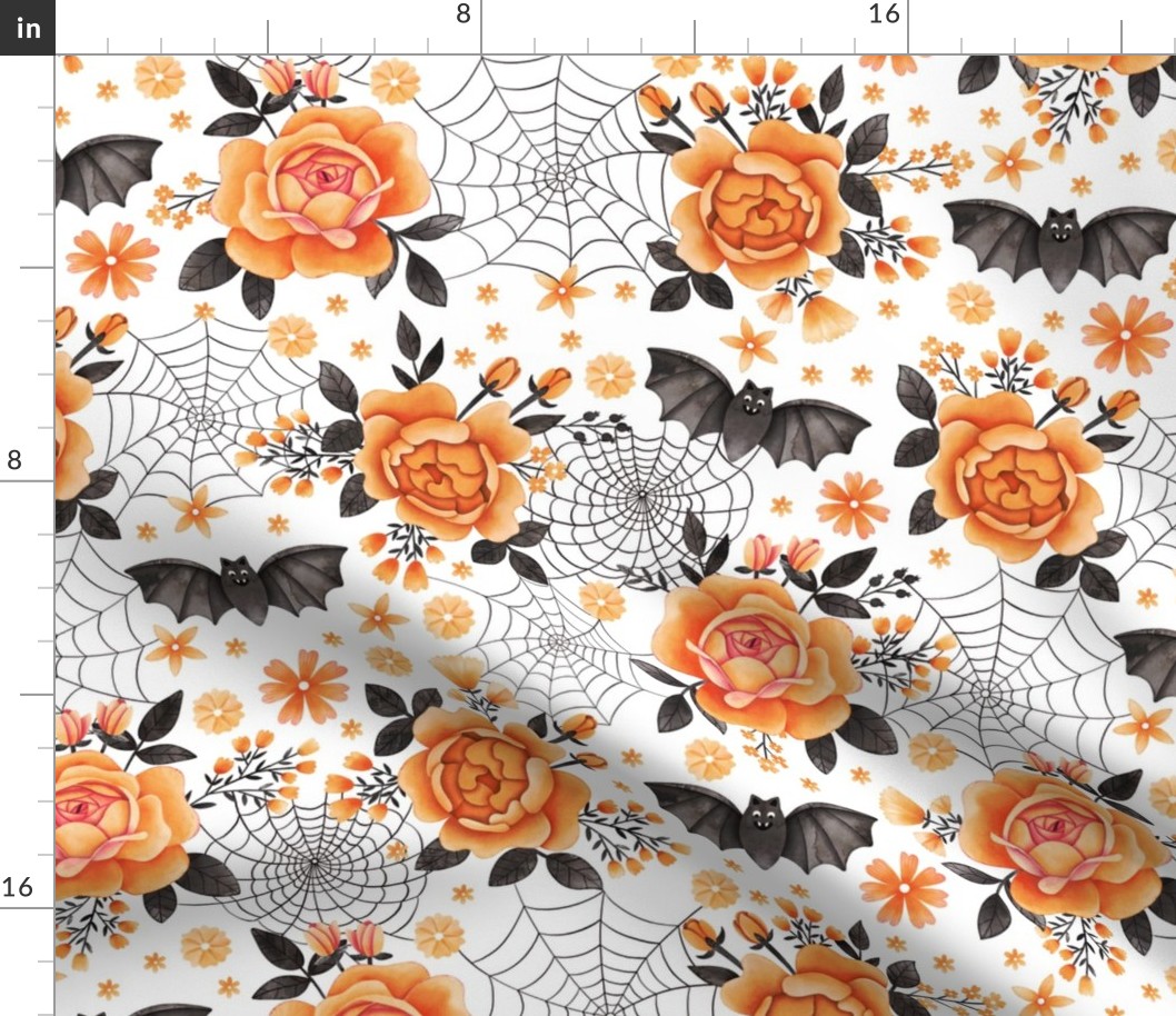Bats, Spiderwebs and Orange Peony Roses on White - Pastel Halloween