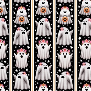 Ghosts in Flower Crowns and Stripes on Black - Pastel Halloween