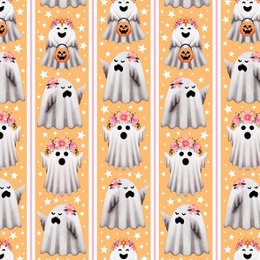 Ghosts in Flower Crowns and Stripes on Orange - Pastel Halloween