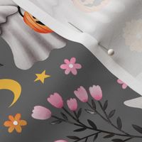 Ghosts and Gothic Florals on Grey - Pastel Halloween