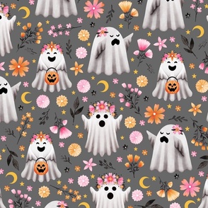 Ghosts and Gothic Florals on Grey - Pastel Halloween