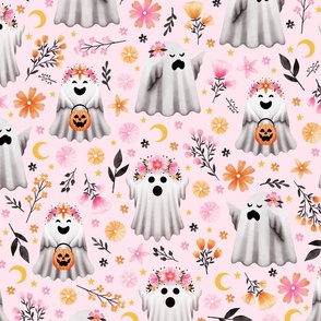 Ghosts and Gothic Florals on Pink - Pastel Halloween