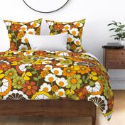 Groovy 70s Floral // Red-Orange, Orange, Sunshine Yellow, Green, Dark Brown, White // 175 DPI