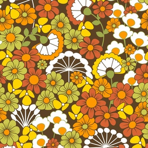 Groovy 70s Floral // Red-Orange, Orange, Sunshine Yellow, Green, Dark Brown, White // 175 DPI