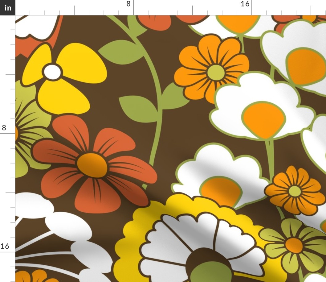 Groovy 70s Floral // Red-Orange, Orange, Sunshine Yellow, Green, Dark Brown, White // 175 DPI