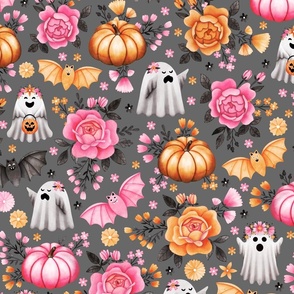 Halloween Florals with Pumpkins, Bats and Ghosts on Grey - Pastel Halloween 