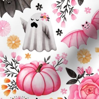 Halloween Florals with Pumpkins, Bats and Ghosts on White - Pastel Halloween