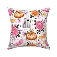 Halloween Florals with Pumpkins, Bats and Ghosts on White - Pastel Halloween