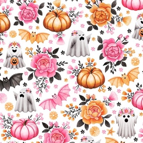 Halloween Florals with Pumpkins, Bats and Ghosts on White - Pastel Halloween