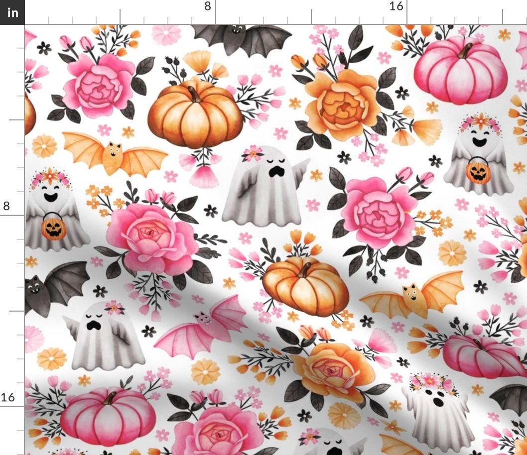 Halloween Florals with Pumpkins, Bats and Ghosts on White - Pastel Halloween