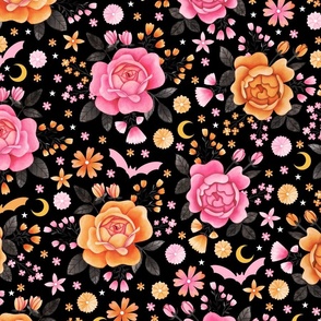 Halloween Florals in Pink and Orange with Bats on Black - Pastel Halloween