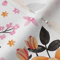 Halloween Florals in Pink and Orange with Bats on White - Pastel Halloween