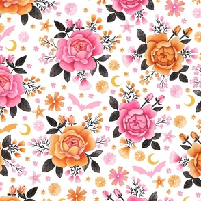 Halloween Florals in Pink and Orange with Bats on White - Pastel Halloween