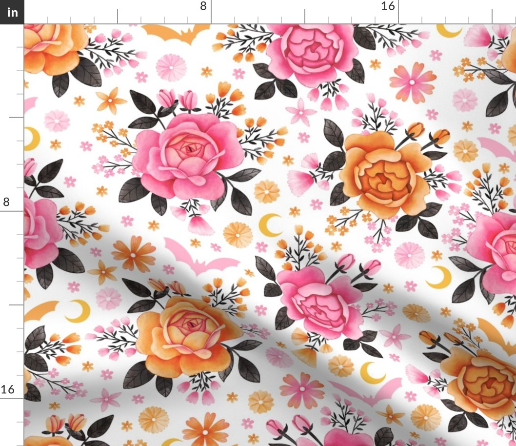 Halloween Florals in Pink and Orange with Bats on White - Pastel Halloween