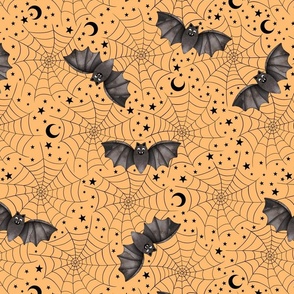 Spiderwebs and Bats on Orange - Pastel Halloween