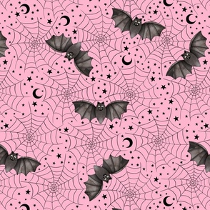 Spiderwebs and Bats on Pink - Pastel Halloween