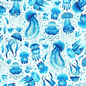 Luminous Monochromatic Jellyfish in Watercolor Light