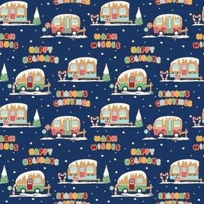 Small Christmas Gingerbread Campers with Christmas Greetings and a Schiava Blue Background