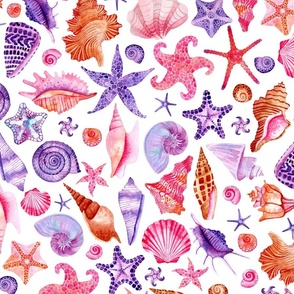 Watercolor Sea Shells and Starfish in Pink and Purple Hues