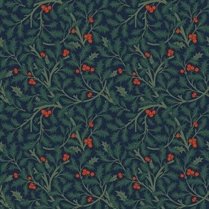 Mini Christmas Intertwined Holly Vines and Berries with Midnight Blue Background
