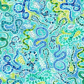 Watercolor Cosmic Serpents in Green and Blue Hues