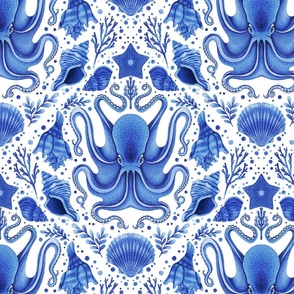 Octopus and Seashells Monochromatic Blue Damask