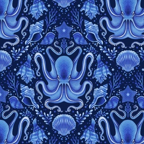 Octopus and Seashells Monochromatic Dark Blue Damask