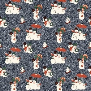 Mini Vintage Christmas Snowmen Families on a Snowy Day Out with Midnight Blue Background