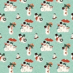Mini Vintage Christmas Snowmen Families on a Snowy Day Out with Aquamarine Green Background