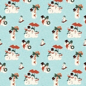 Mini Vintage Christmas Snowmen Families on a Snowy Day Out with Aqua Island Blue Background