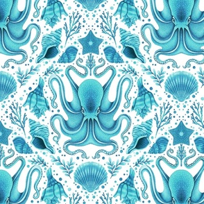 Octopus and Seashells Monochromatic Teal Damask