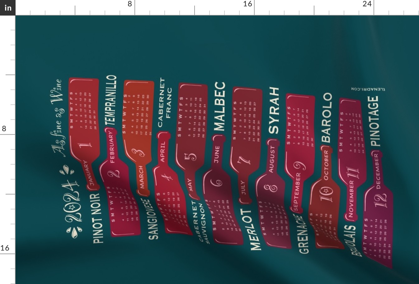 2024 calendar - As fine as wine - dark teal - wine bottles, vintage bottles, calendar - Please choose Linen Cotton Canvas or a fabric wider than 54”(137cm)  