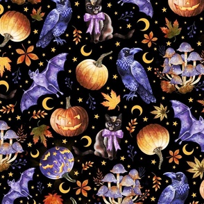 Happy Halloween Featuring Bats, Cats, Ravens, Pumpkins and Mushrooms on Black