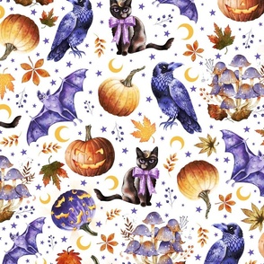 Happy Halloween Featuring Bats, Cats, Ravens, Pumpkins and Mushrooms on White