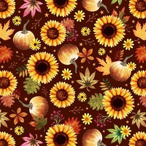 Fall Leaves, Sunflowers and Pumpkins on Brown