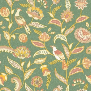Green background, fancy flowers and birds