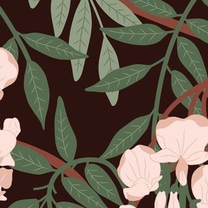 Large Art Nouveau Pink Wisteria Branches with a Tamarind Taupe Dark Brown  Background