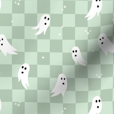Spooky halloween ghosts and stars on checkerboard adorable kawaii baby nineties trend nursery design sage green mint