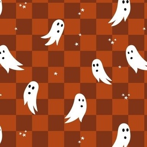 Spooky halloween ghosts and stars on checkerboard adorable kawaii baby nineties trend nursery design rust vintage red