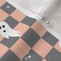 Spooky halloween ghosts and stars on checkerboard adorable kawaii baby nineties trend nursery design blush charcoal gray