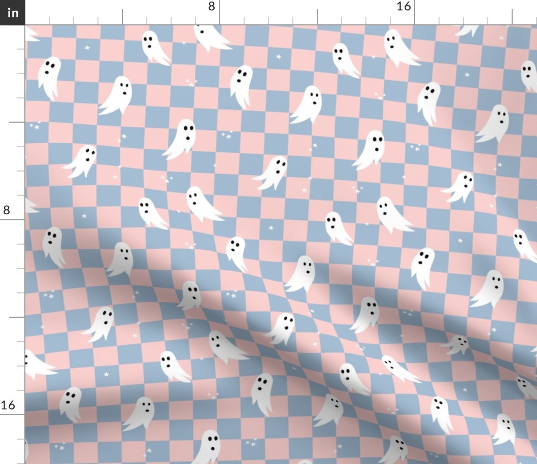 Spooky halloween ghosts and stars on checkerboard adorable kawaii baby nineties trend nursery design blue blush