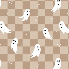 Spooky halloween ghosts and stars on checkerboard adorable kawaii baby nineties trend nursery design beige tan