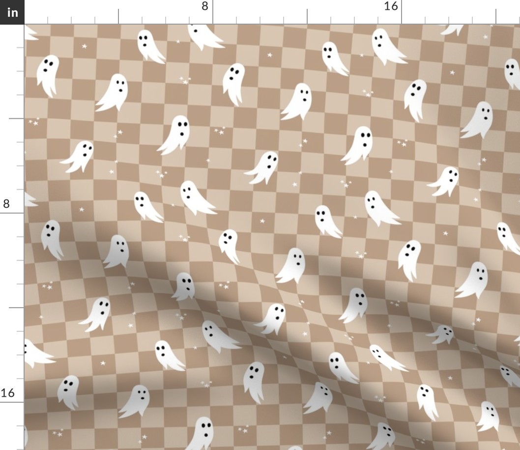 Spooky halloween ghosts and stars on checkerboard adorable kawaii baby nineties trend nursery design beige tan