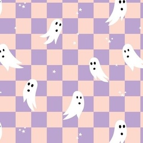 Spooky halloween ghosts and stars on checkerboard adorable kawaii baby nineties trend nursery design lilac blush