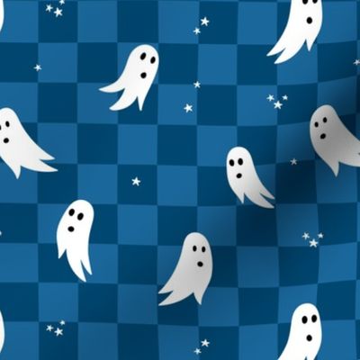 Spooky halloween ghosts and stars on checkerboard adorable kawaii baby nineties trend nursery design classic blue boys
