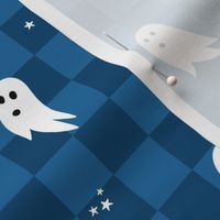 Spooky halloween ghosts and stars on checkerboard adorable kawaii baby nineties trend nursery design classic blue boys