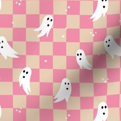 Spooky halloween ghosts and stars on checkerboard adorable kawaii baby nineties trend nursery design sand pink